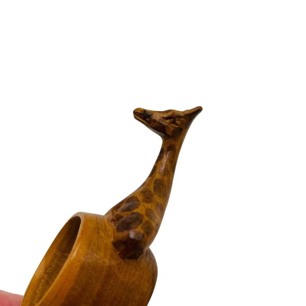4 VTG African Safari Hand Carved Wooden Animal Napkin Rings Lion Giraffe Set